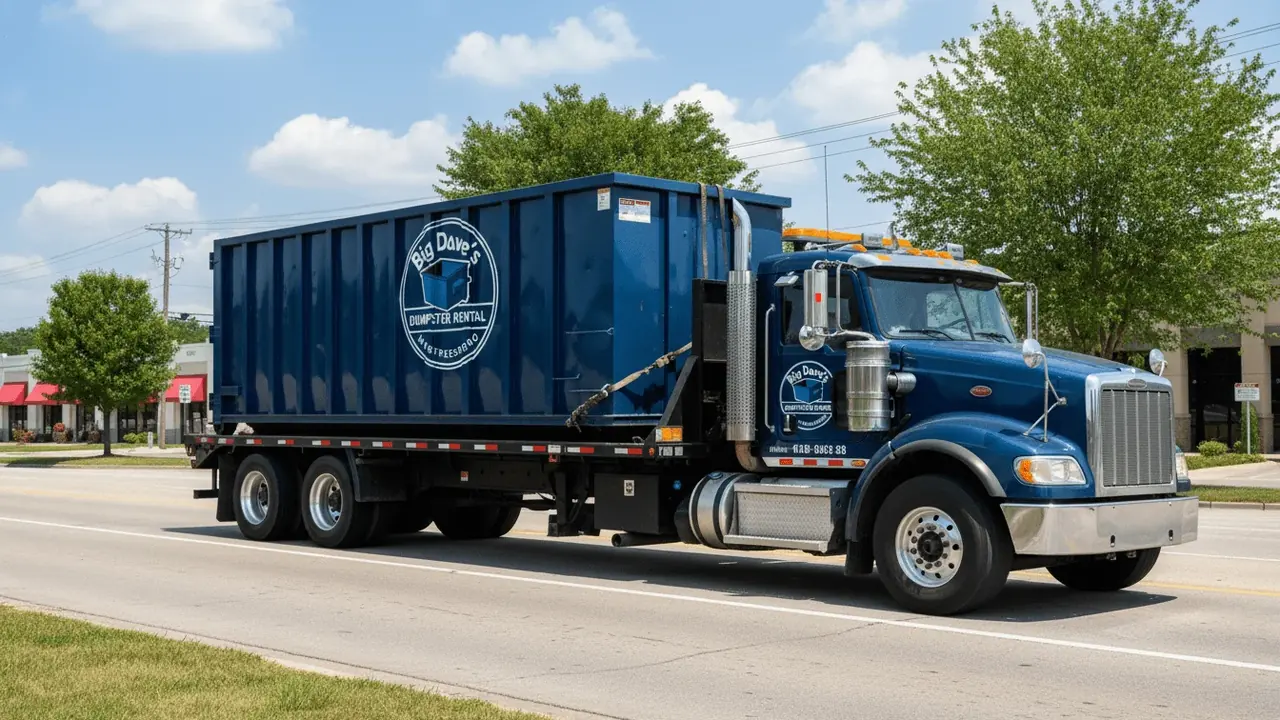 Big Dave's Dumpster Rental roll-off truck and container on a Murfreesboro, TN street